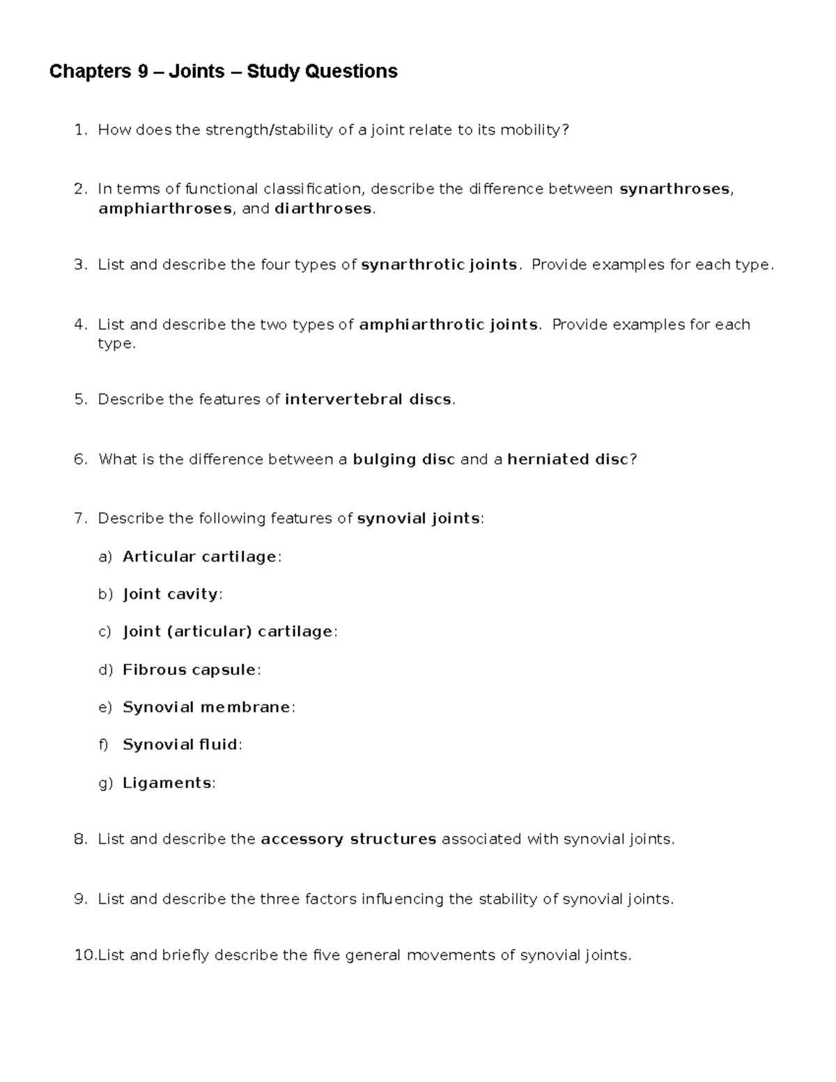 Chapters 9 - Joints - Study Questions (BIO 201) - Chapters 9 – Joints ...