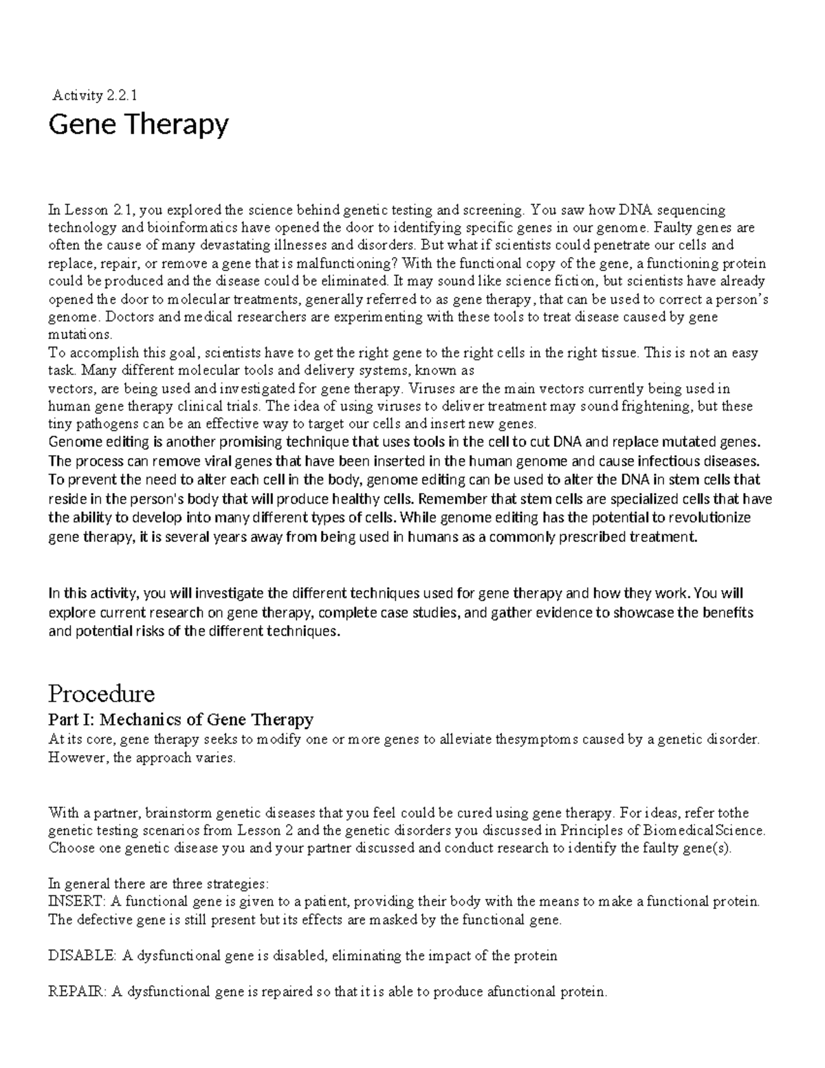 Gene Therapy Exploration: Activity 2.2.1 for Biology 2020 - Studocu