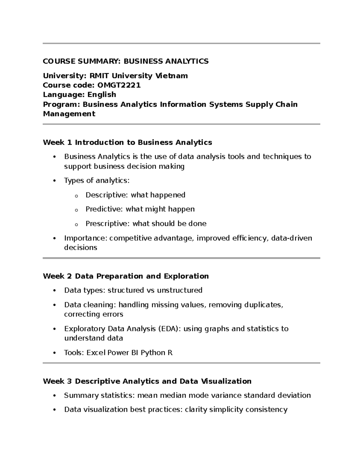 BUSINESS ANALYTICS COURSE SUMMARY: RMIT University (Week 1-7) - Studocu