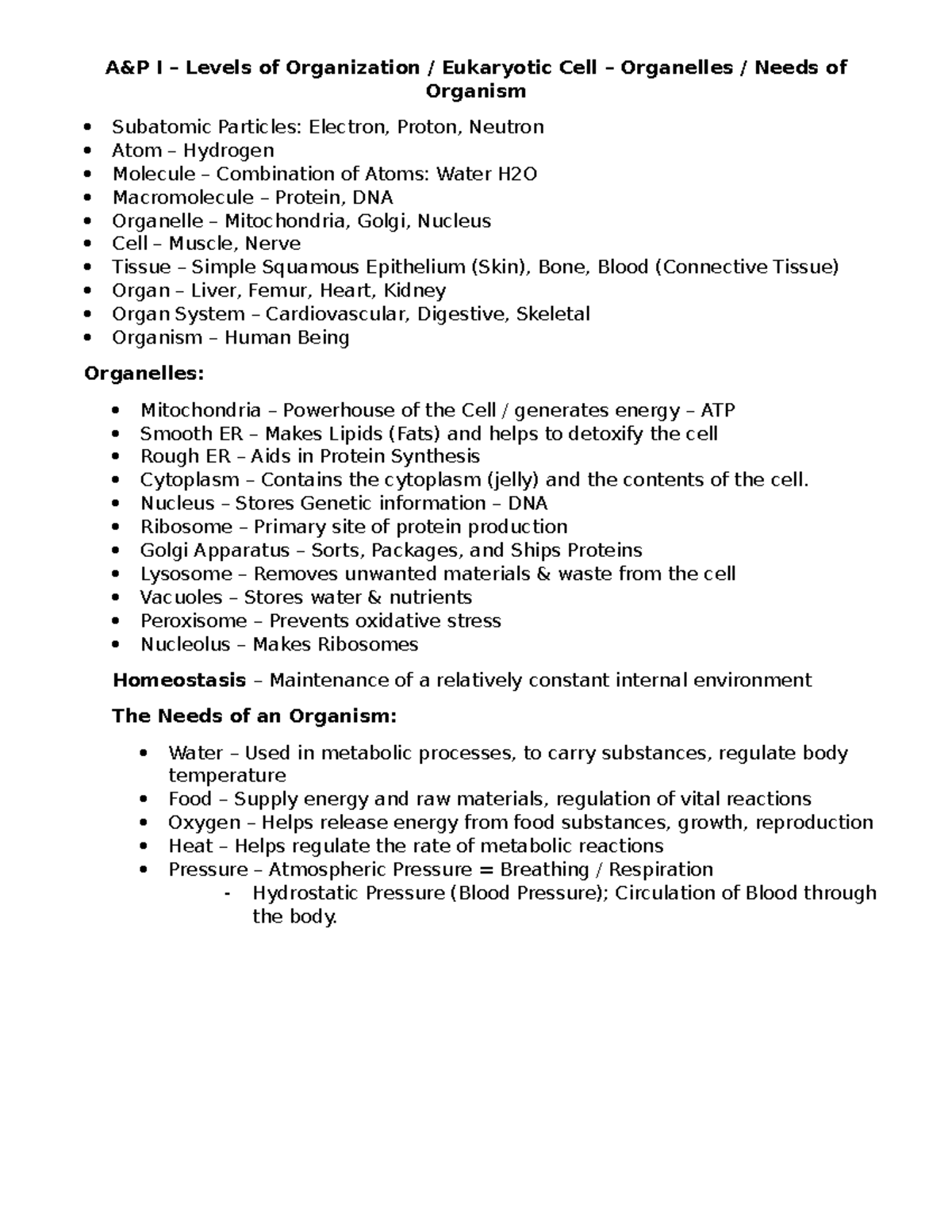 A&P I – Levels of Organization & Cell Structure Overview - A&P I ...