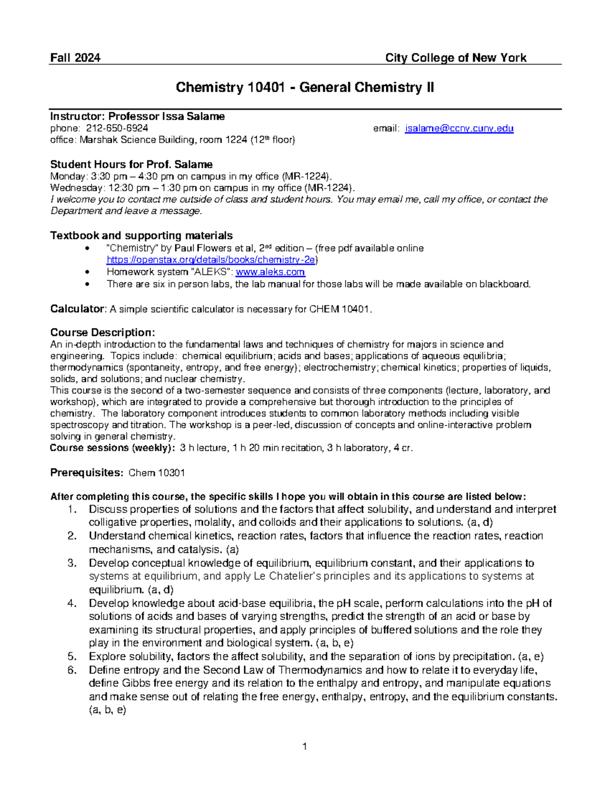 CHEM10400 Syllabus for General Chemistry II - Fall 2024 at CCNY - Studocu
