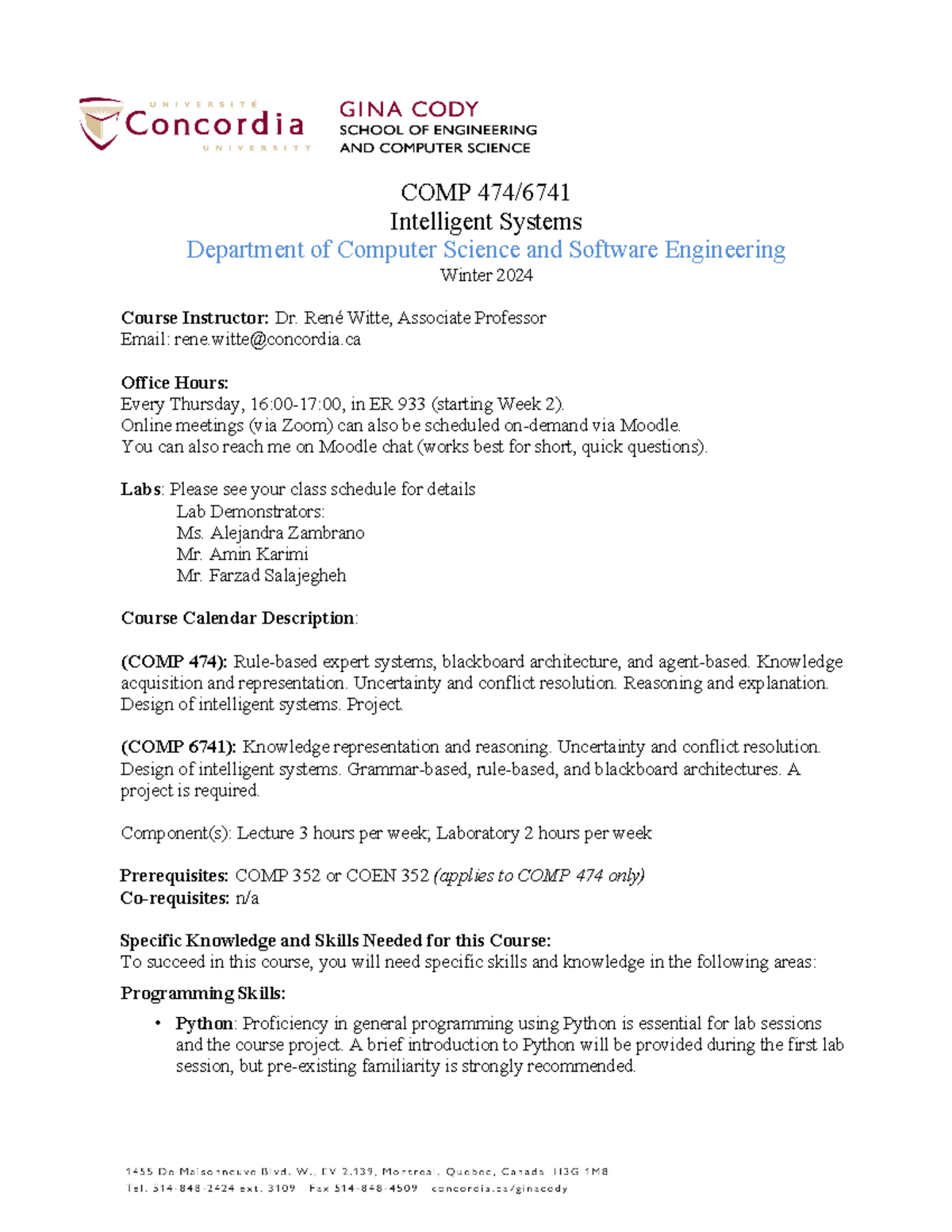 COMP 474/6741 Course Outline: Intelligent Systems - Winter 2024 - Studocu