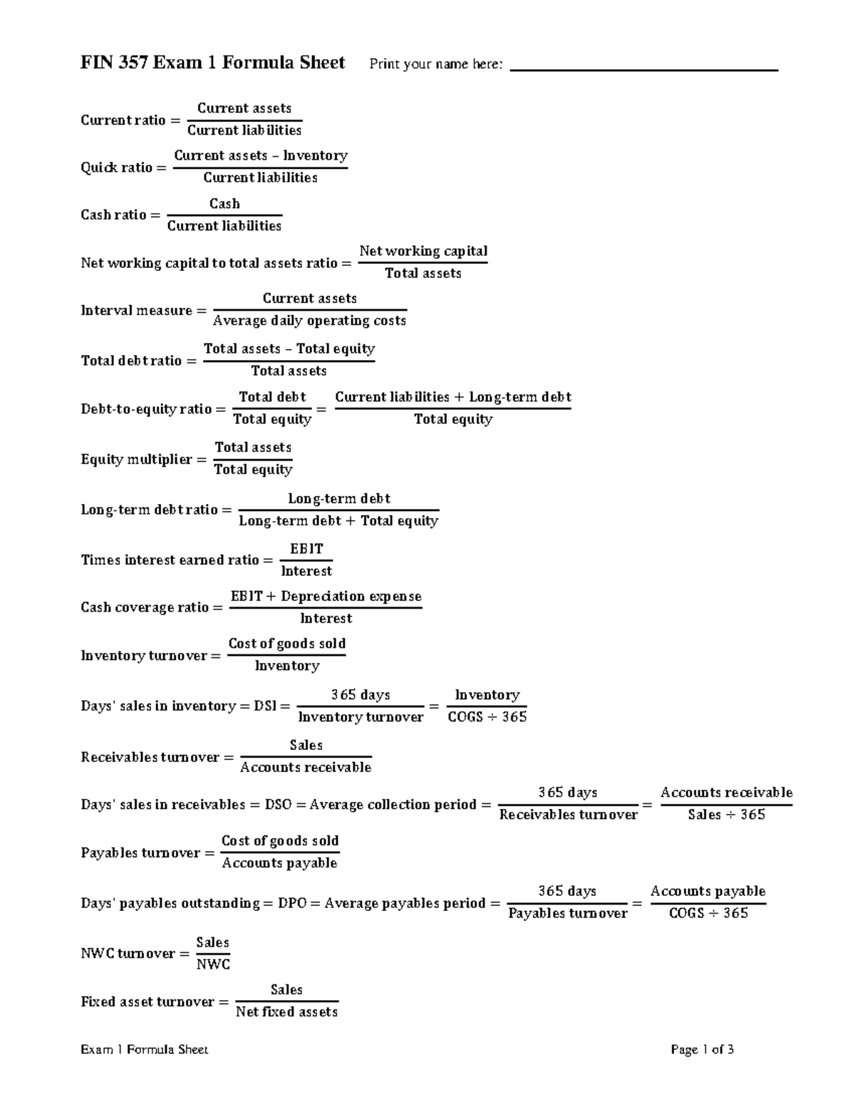 FIN 357 Exam 1 Formula Sheet: Key Financial Ratios and Metrics - Studocu