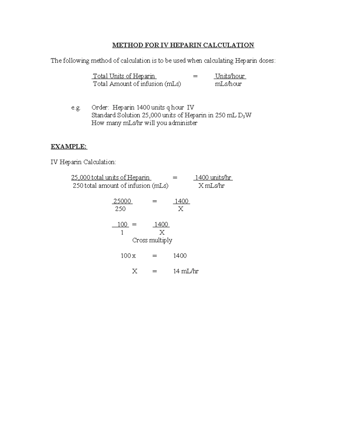 Heparin IV Infusion Calculations - Answer Sheet for Clinical Course ...