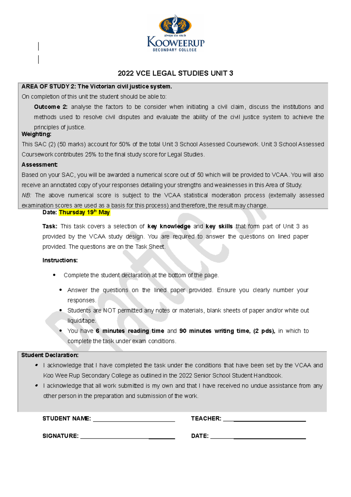 Legal Studies Unit 3 Practice SAC 2022: Civil Justice System Focus ...