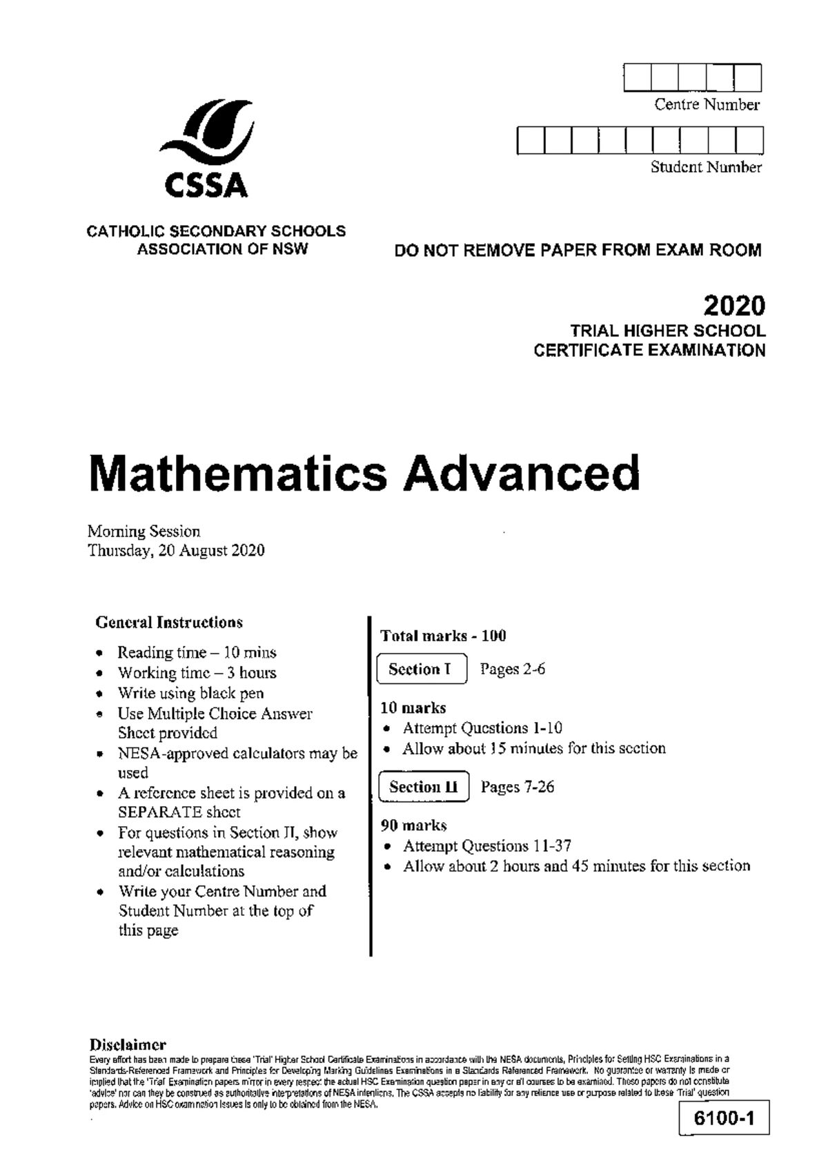 2020 HSC Mathematics Extension 2 Exam Paper - Studocu