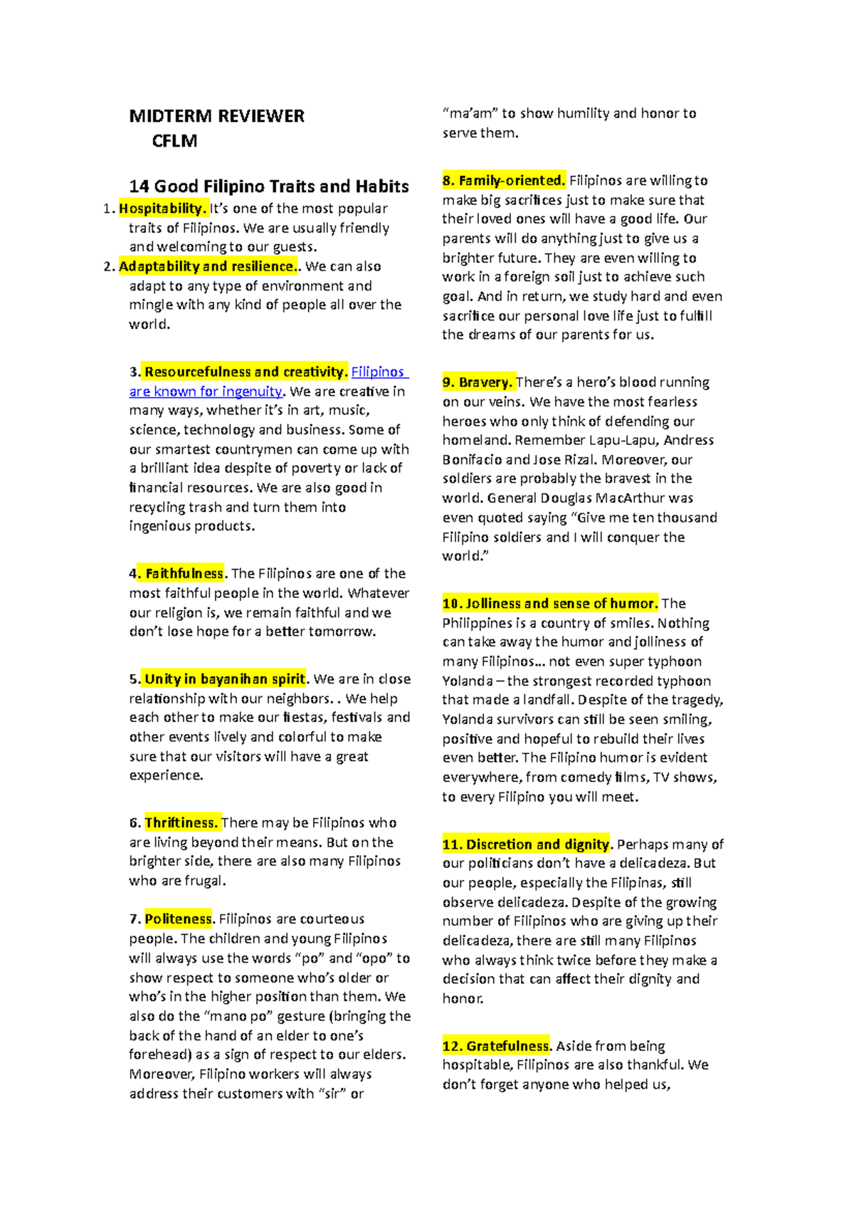 Midterm Reviewer: Filipino Traits and Habits for CFLM - Studocu