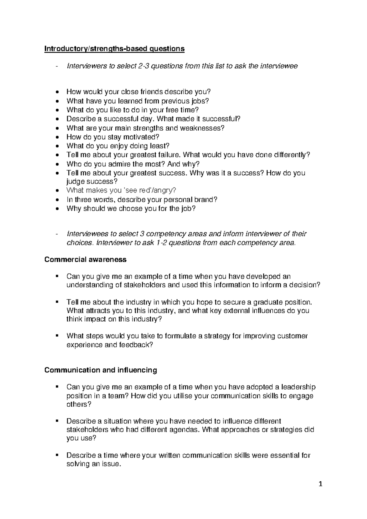 Mock Interview Questions for Competency Assessment - Studocu