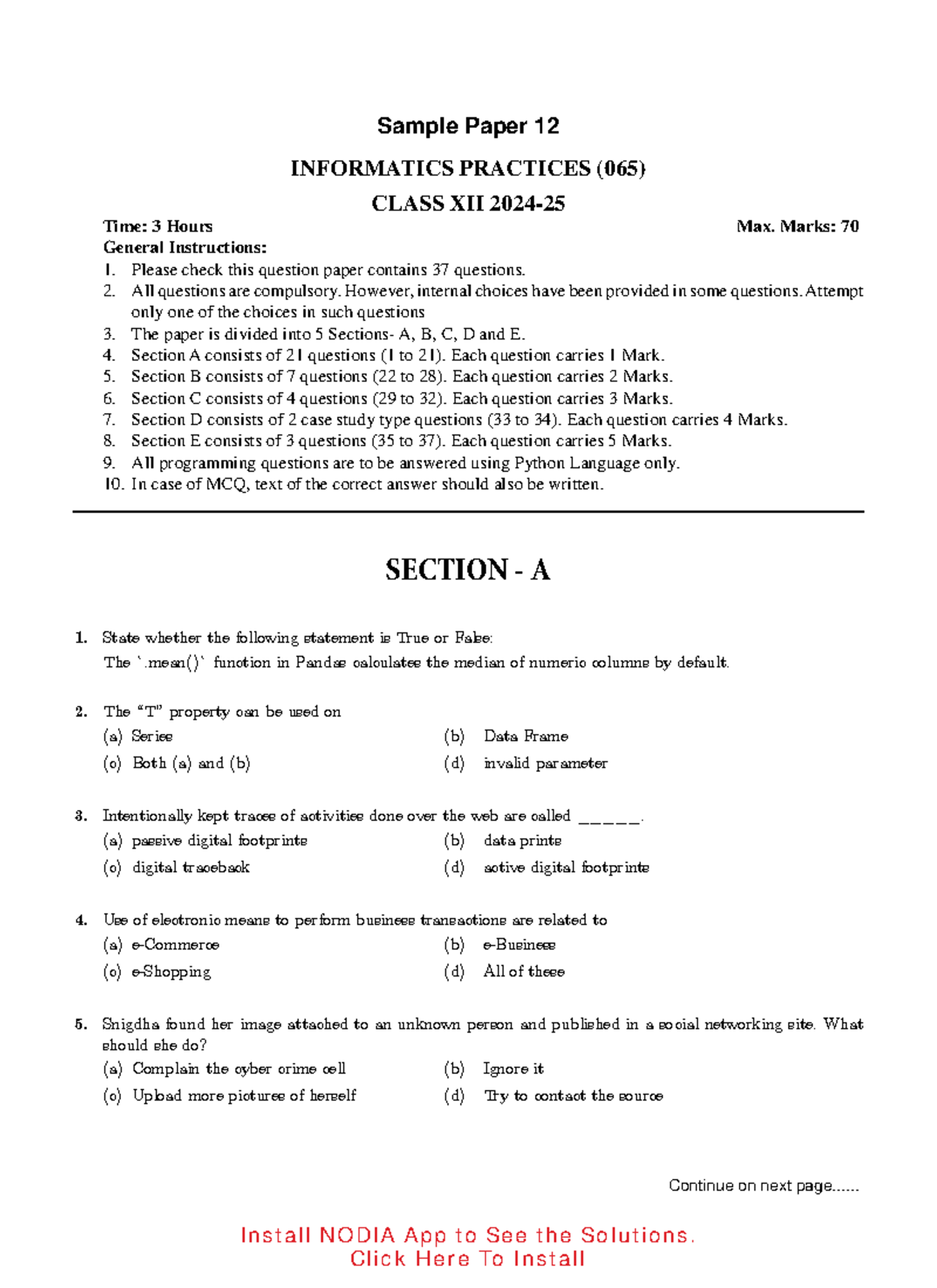 Cbleippu 12 - Paper - CBSC 12th Informatics Practices Sample Paper 12 ...