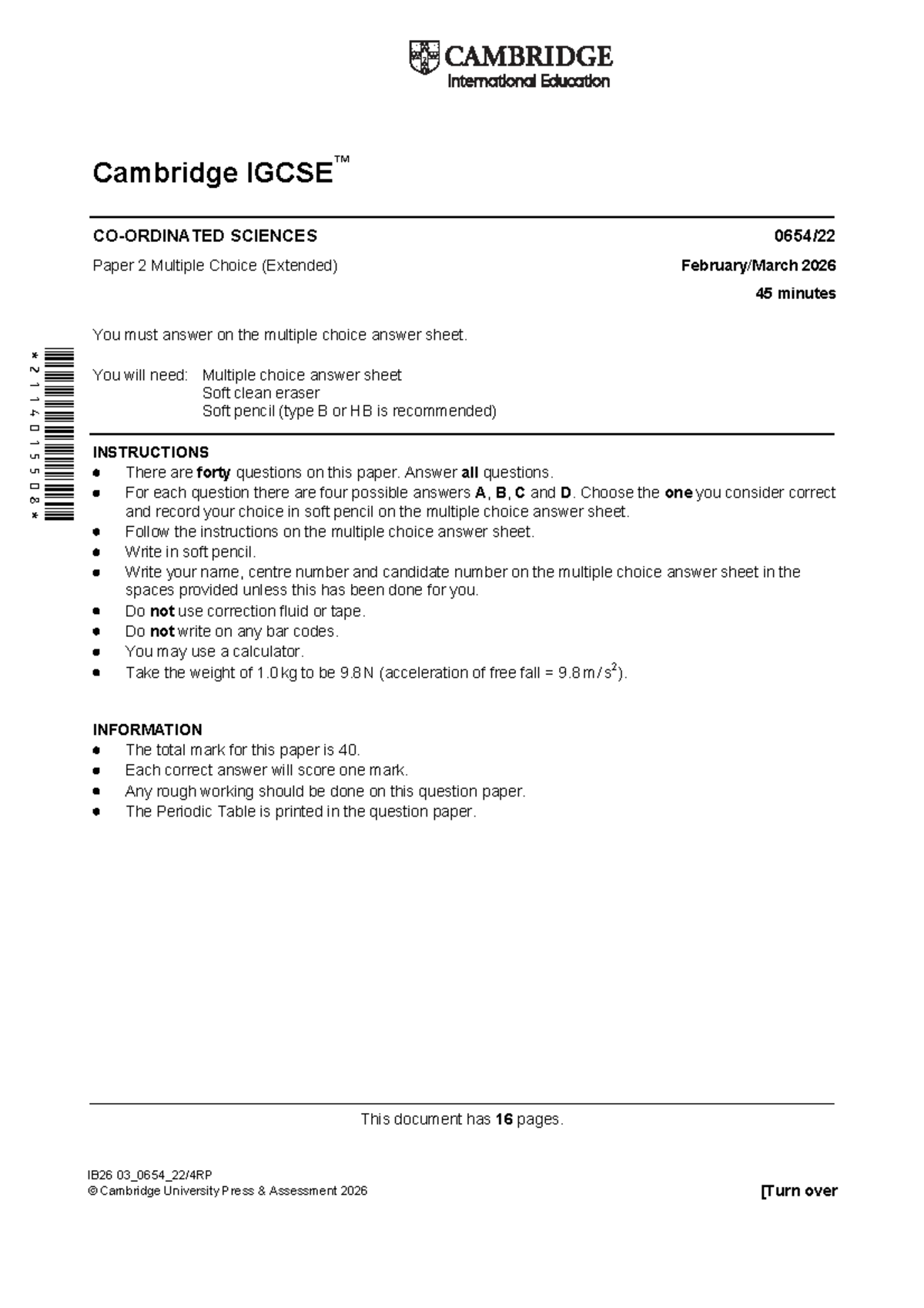 Cambridge 0654 Sciences - Co-ordinated (Double) Paper 2 MCQ 2026 - Studocu