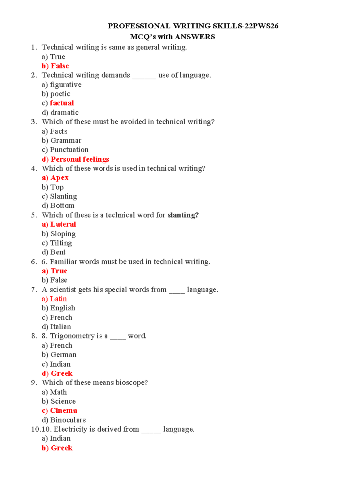 MCQ's for PWS 101: Professional Writing Skills - Studocu