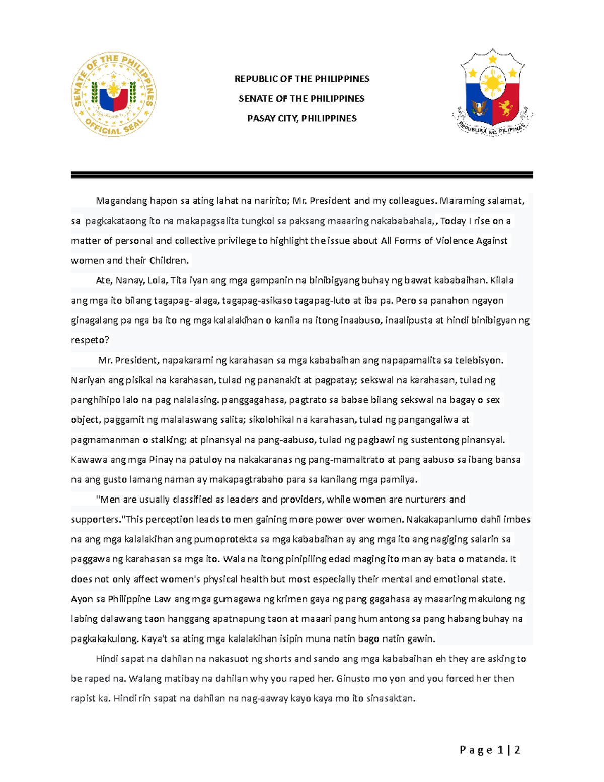 Privilege Speech on Violence Against Women and Children - Studocu