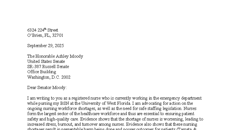 Advocacy Letter for Nurse Staffing Standards - BSN Program - Studocu