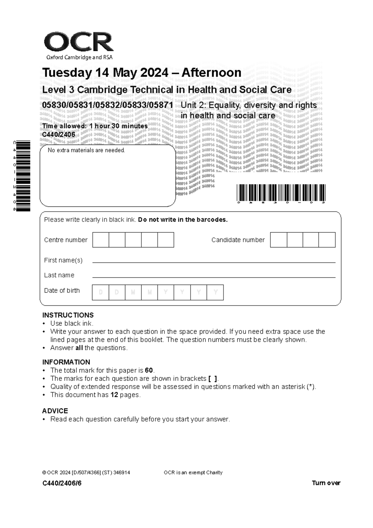 OCR Level 3 Cambridge Technical Health & Social Care Unit 2: Equality ...