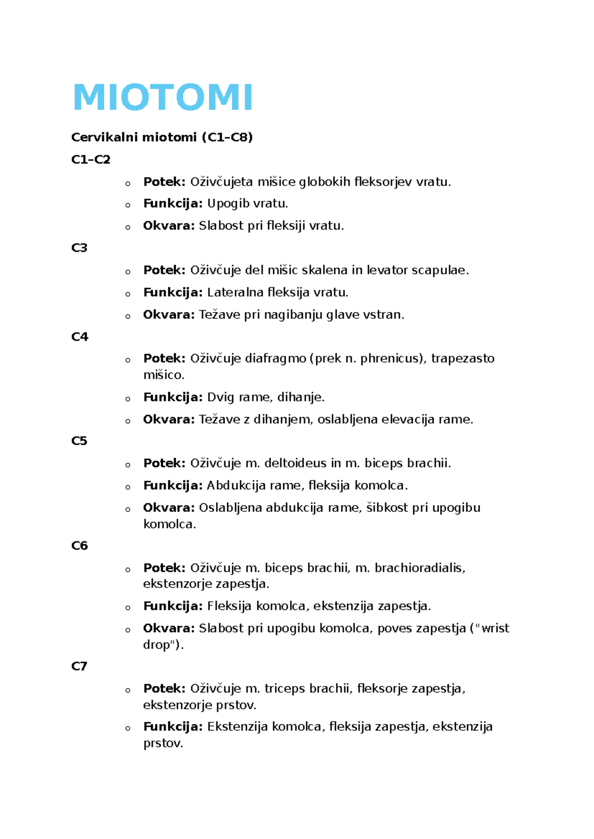Miotomi in Dermatomi - Ključne Informacije za Nevrologijo - Studocu