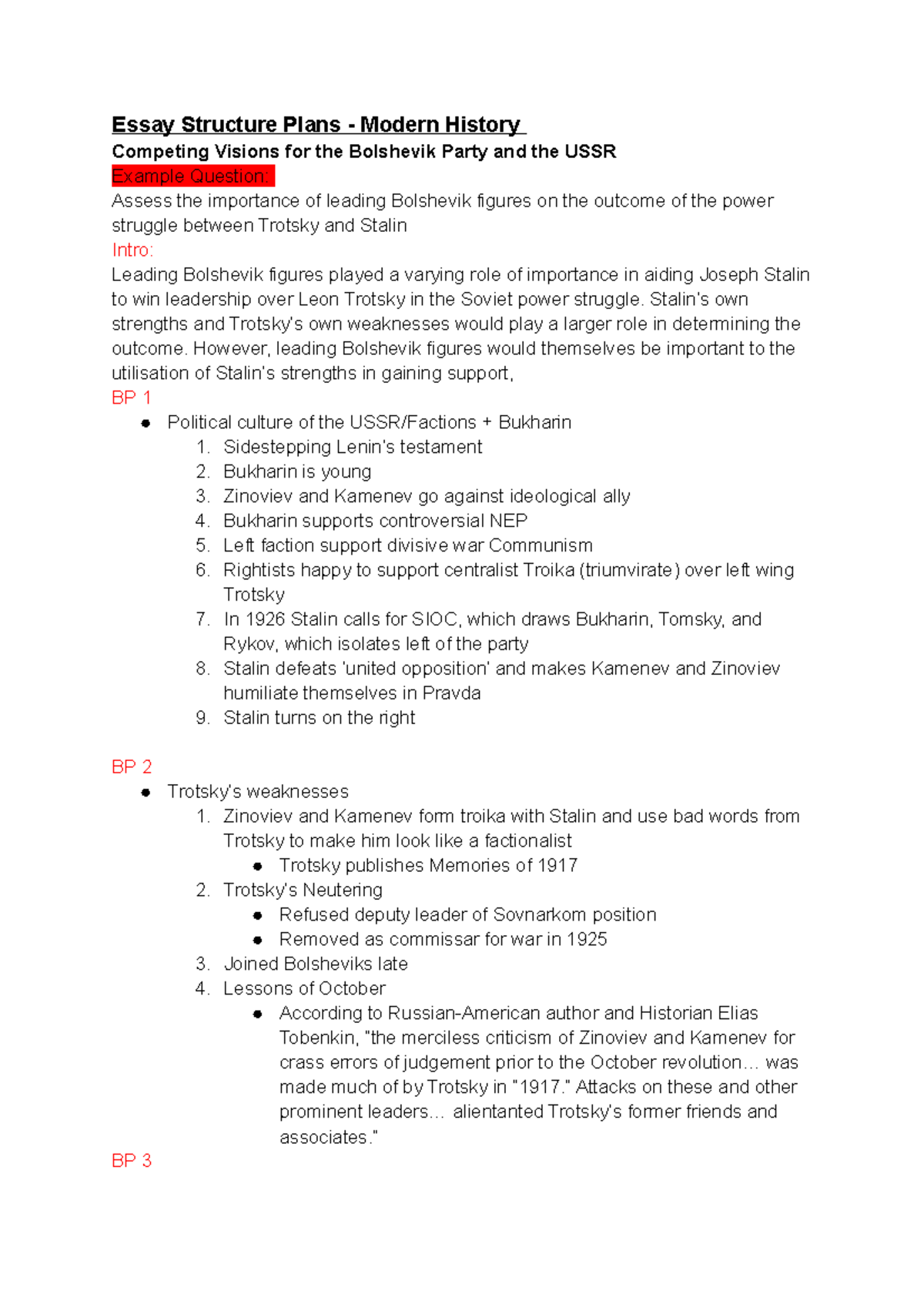 Essay Structure Plans - Modern History (Bolshevik Power Struggle) - Studocu