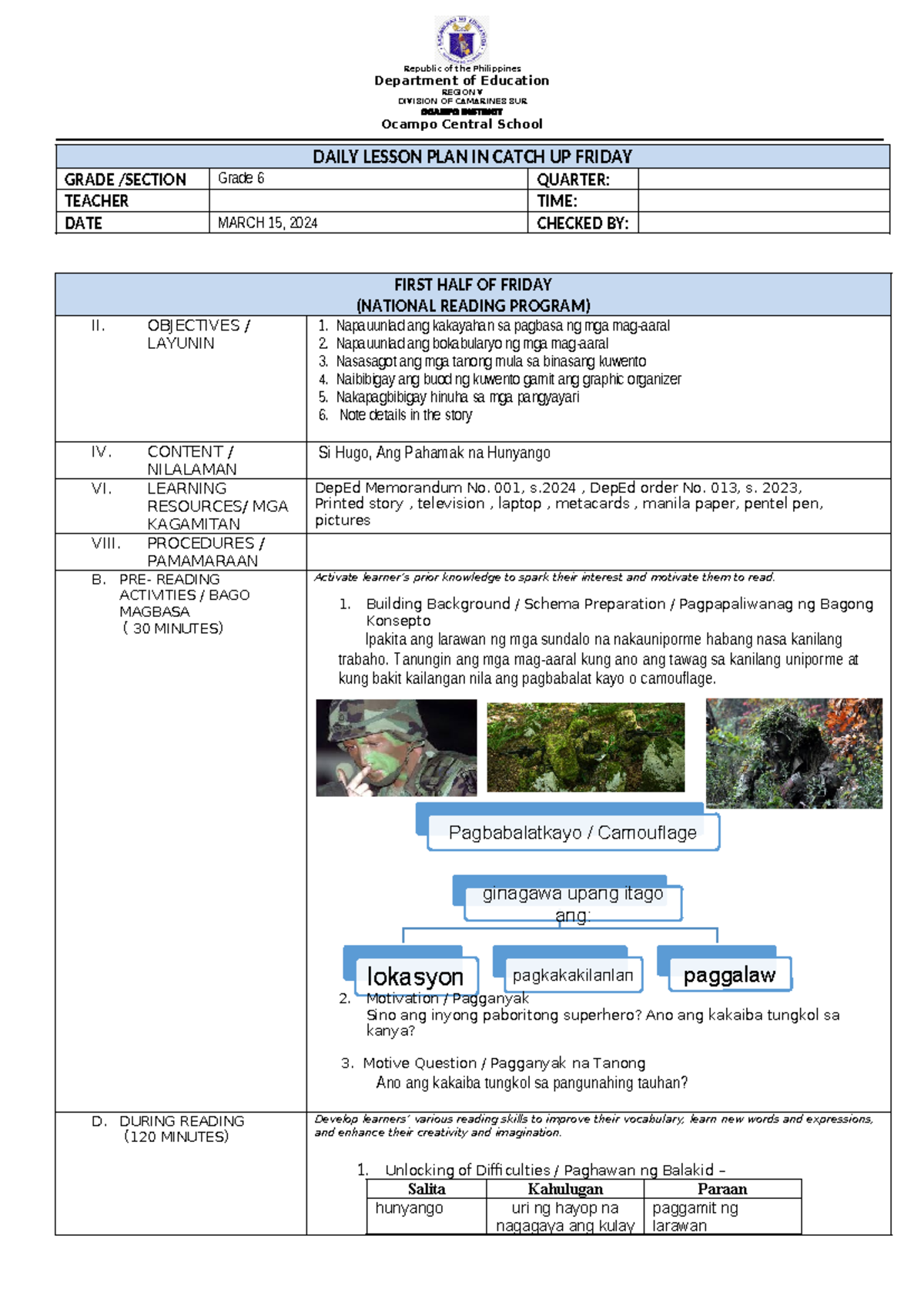 Catch-UP Friday Lesson Plan G6: Camouflage & Values Education - Studocu