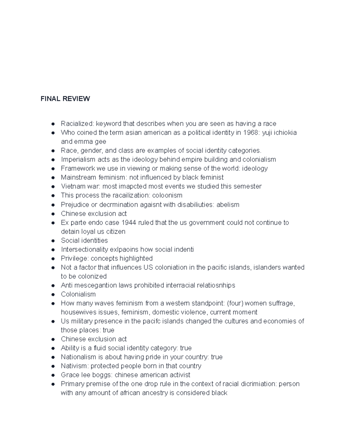 Final Review: Race, Gender, and Activism Concepts - Studocu