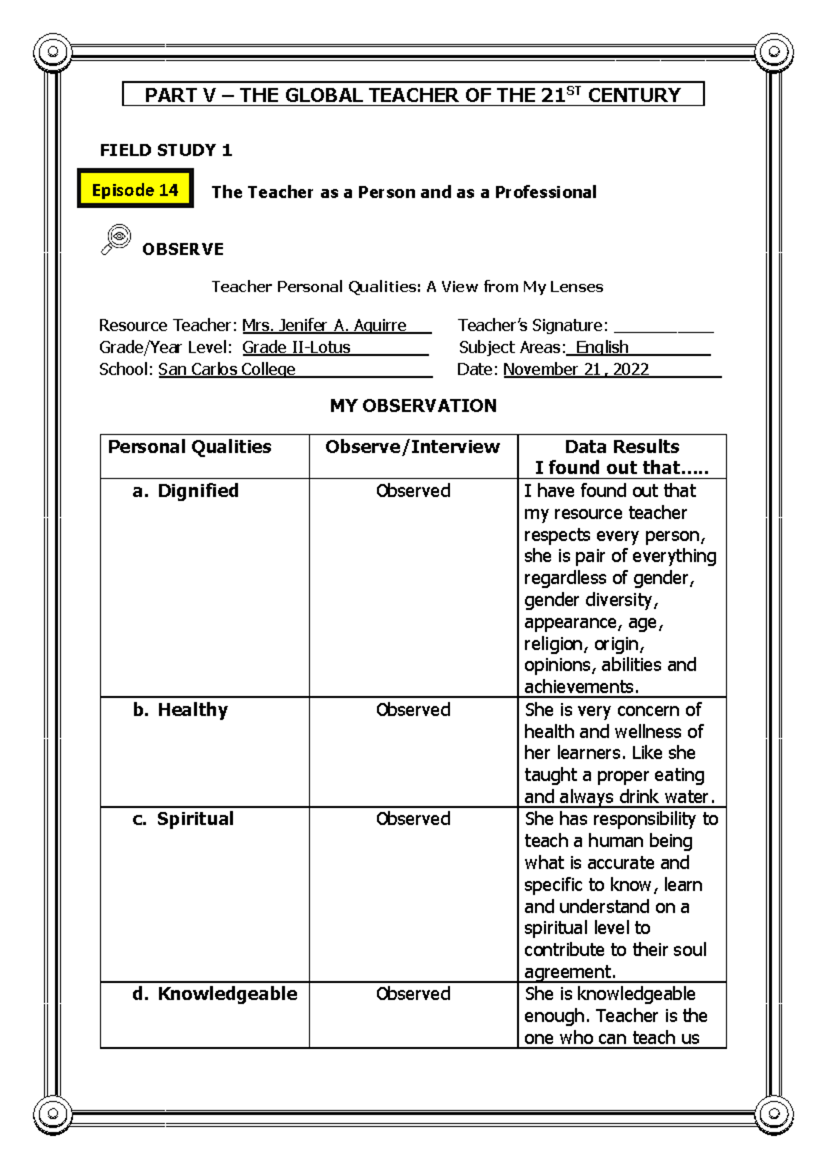 PART V-VI - fs1 - FIELD STUDY 1 The Teacher as a Person and as a ...