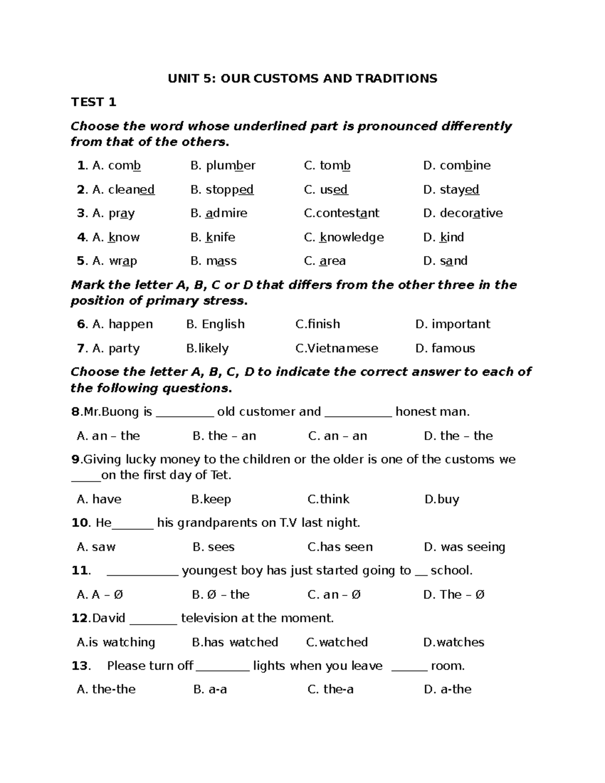 Unit 5: Customs and Traditions Test for Grade 8 English - Studocu