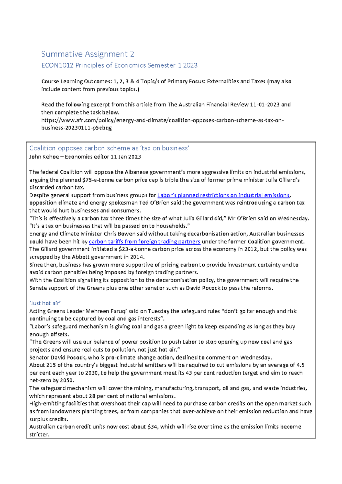 Summative Assignment 2 ECON1012: Carbon Pricing and Economic Impacts ...