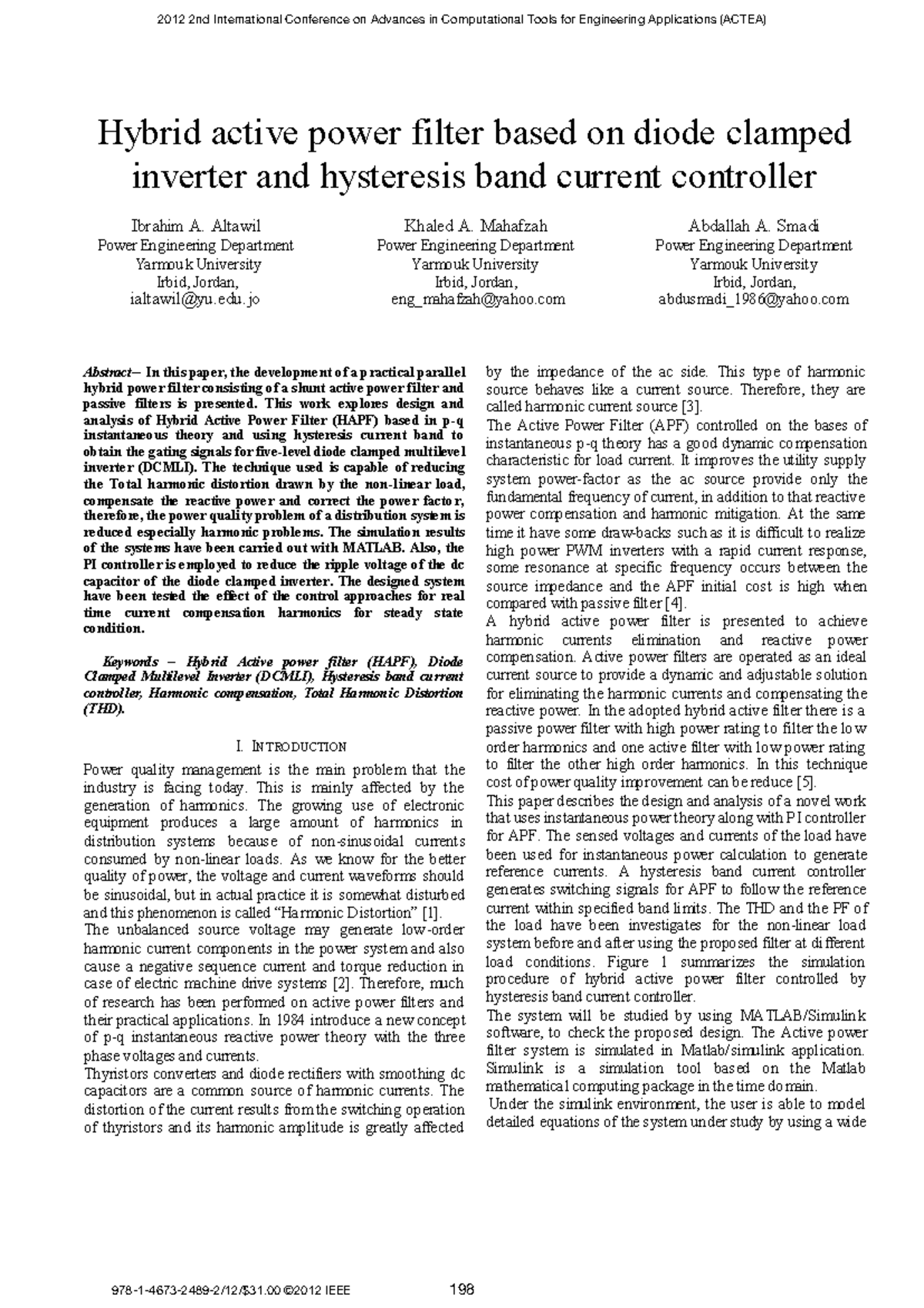 Hybrid Active Power Filter Design Using Hysteresis Control - ACTEA 2012 ...