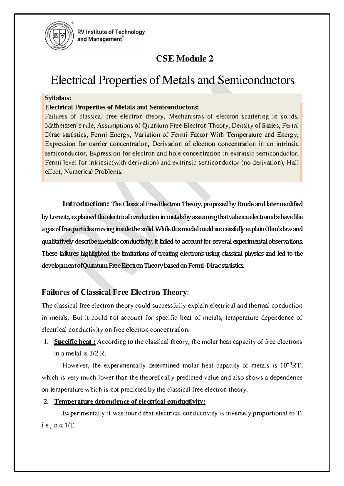 CSE II Semester: Electrical Properties of Metals & Semiconductors Notes ...