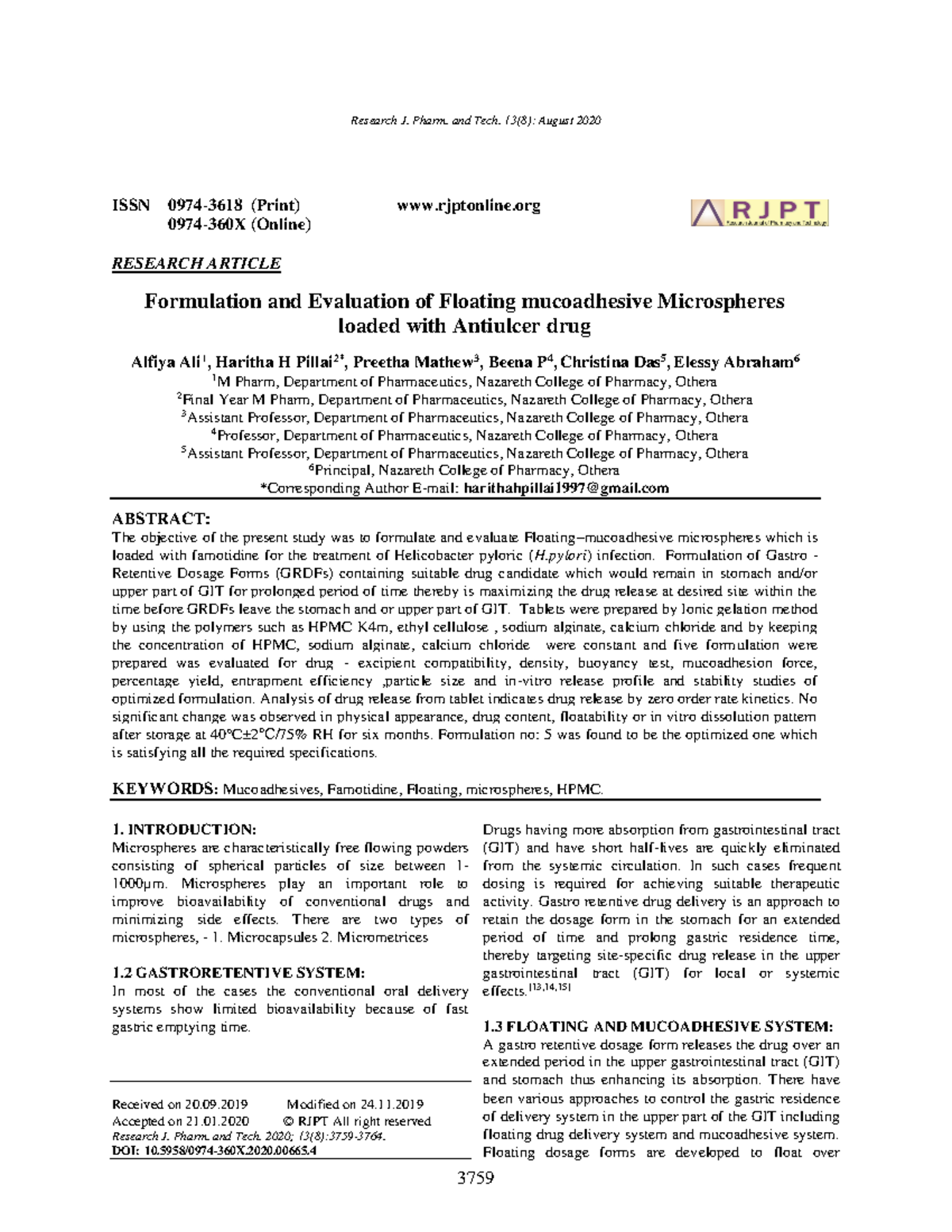 Formulation and Evaluation of Floating Mucoadhesive Microspheres (RJPT ...