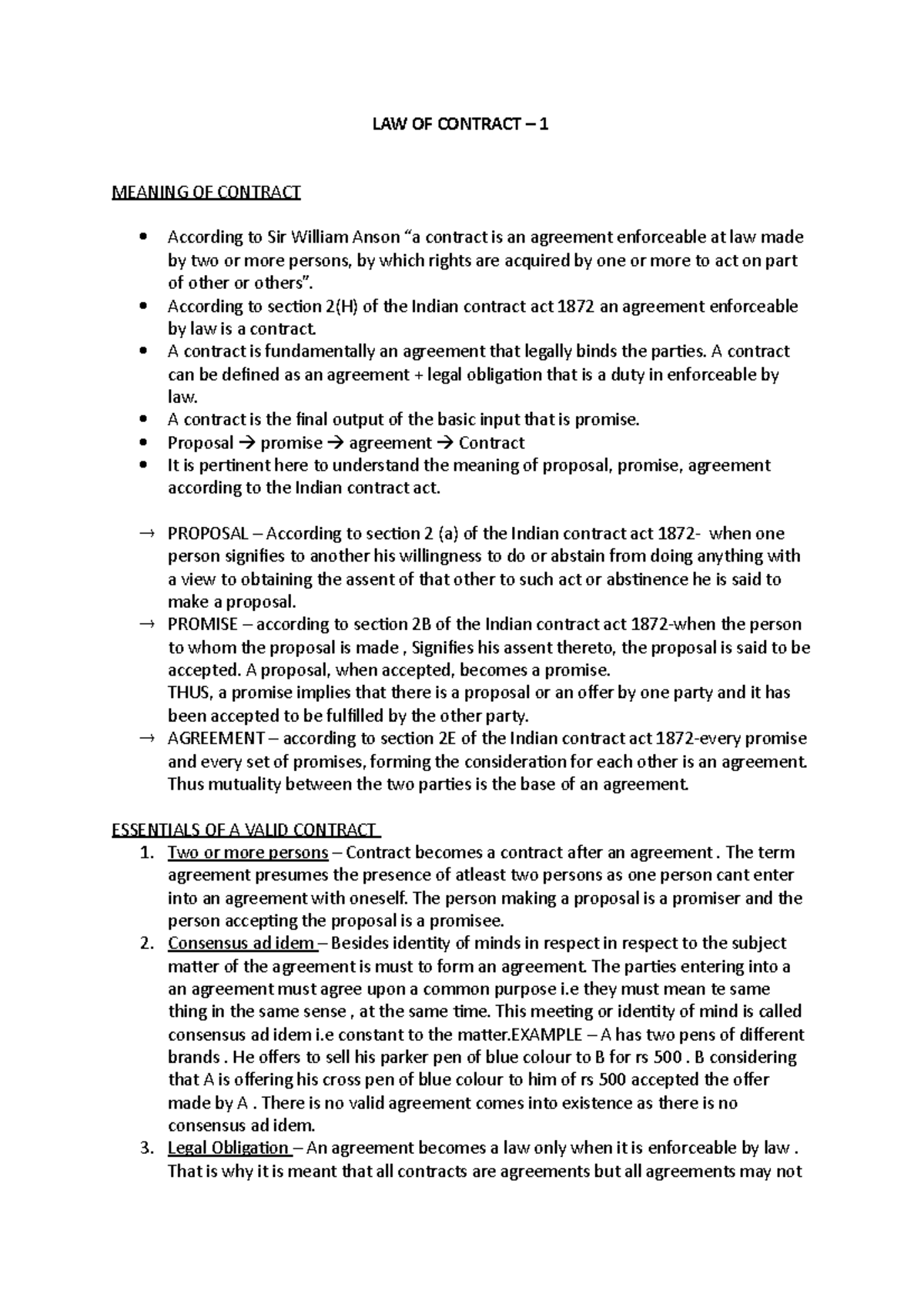 LAW OF CONTRACT - Comprehensive Notes for Legal Studies Course - Studocu