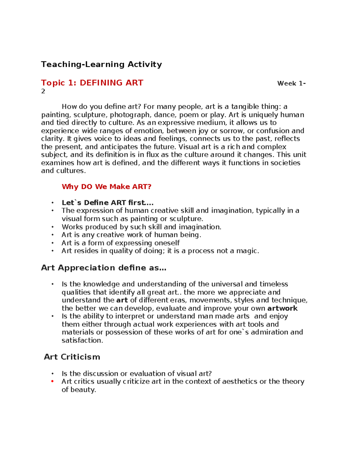 ART-APP: Comprehensive Notes on Defining and Understanding Art - Studocu