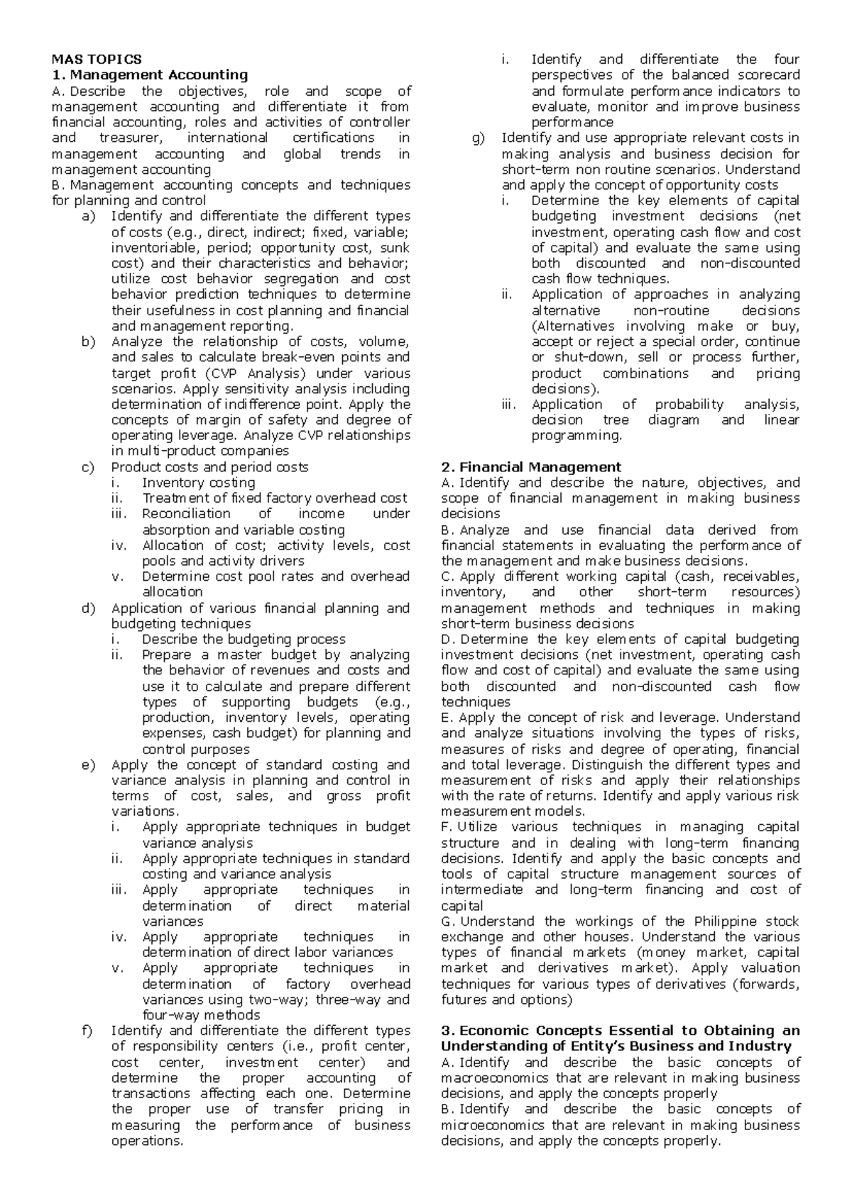 MAS 1: Management Accounting, Financial Management & Economic Concepts ...