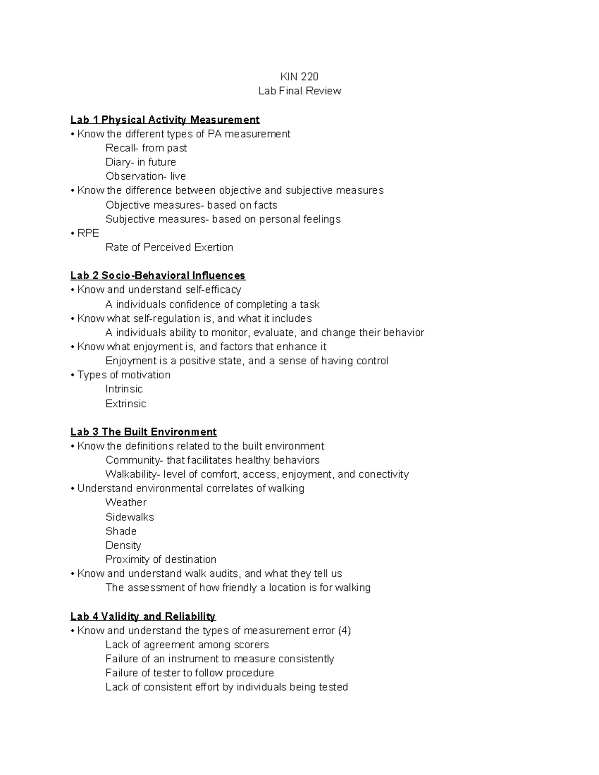 KIN 220 final lab review - KIN 220 Lab Final Review Lab 1 Physical ...