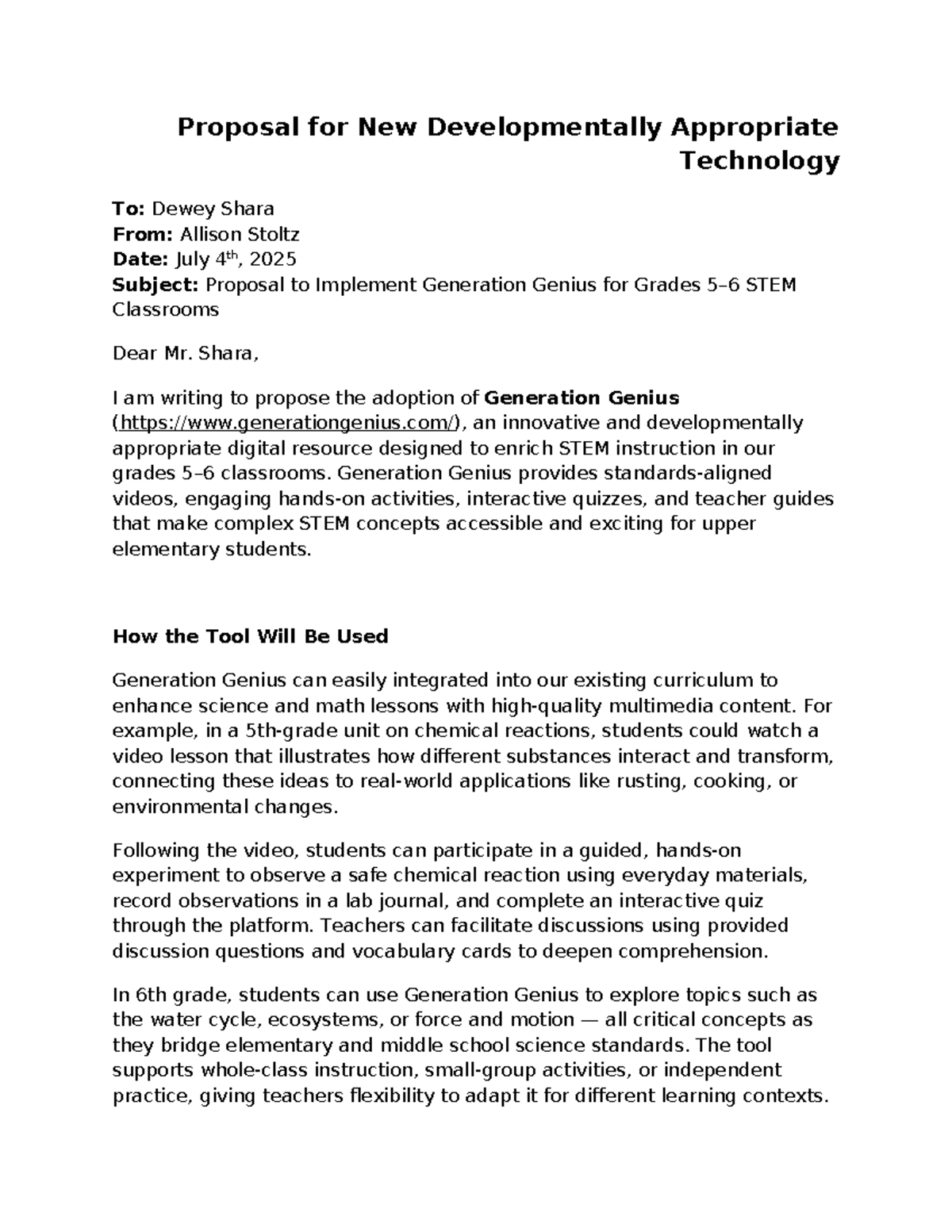 Proposal to Implement Generation Genius in STEM Classrooms - Studocu