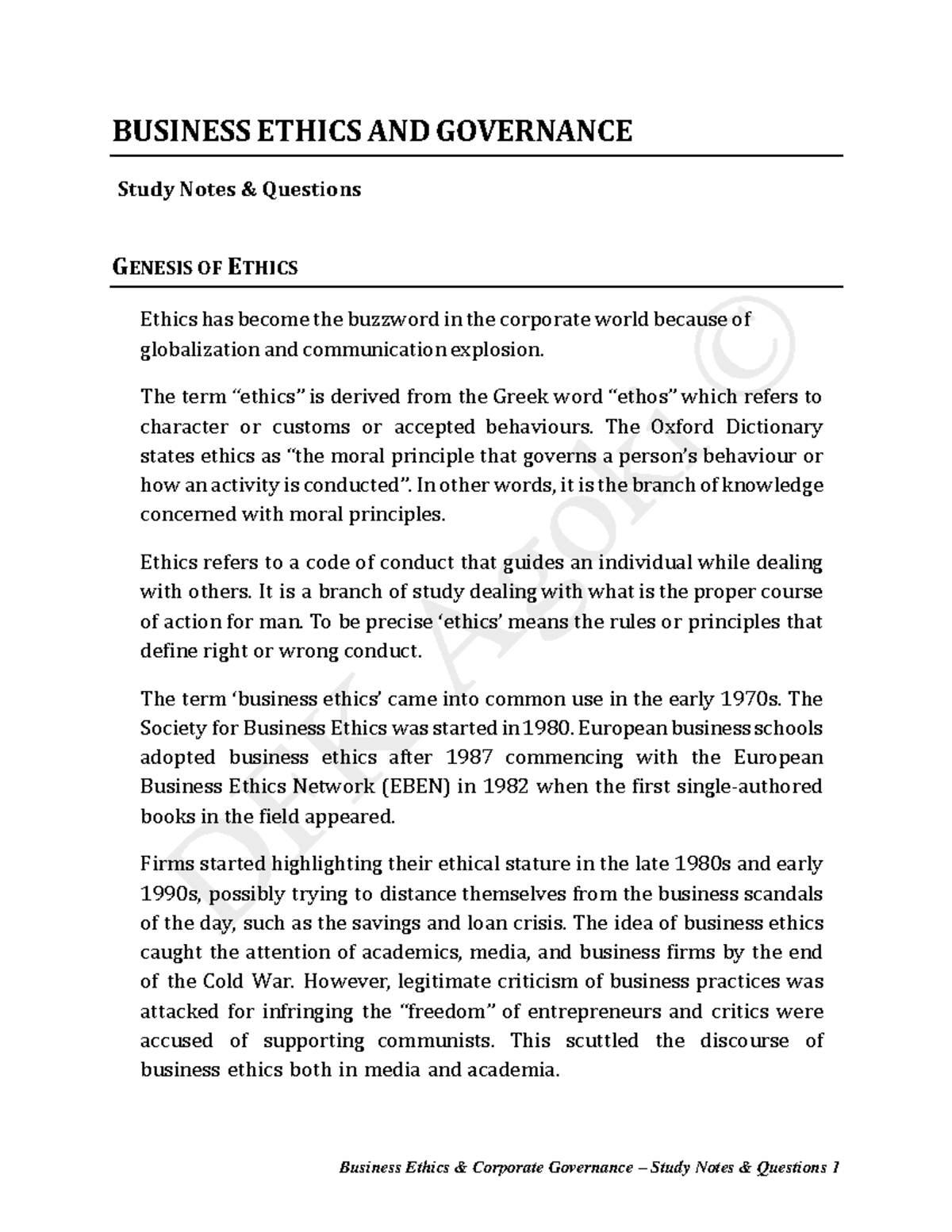 BUSINESS ETHICS AND GOVERNANCE Study Notes: Key Concepts and Questions ...