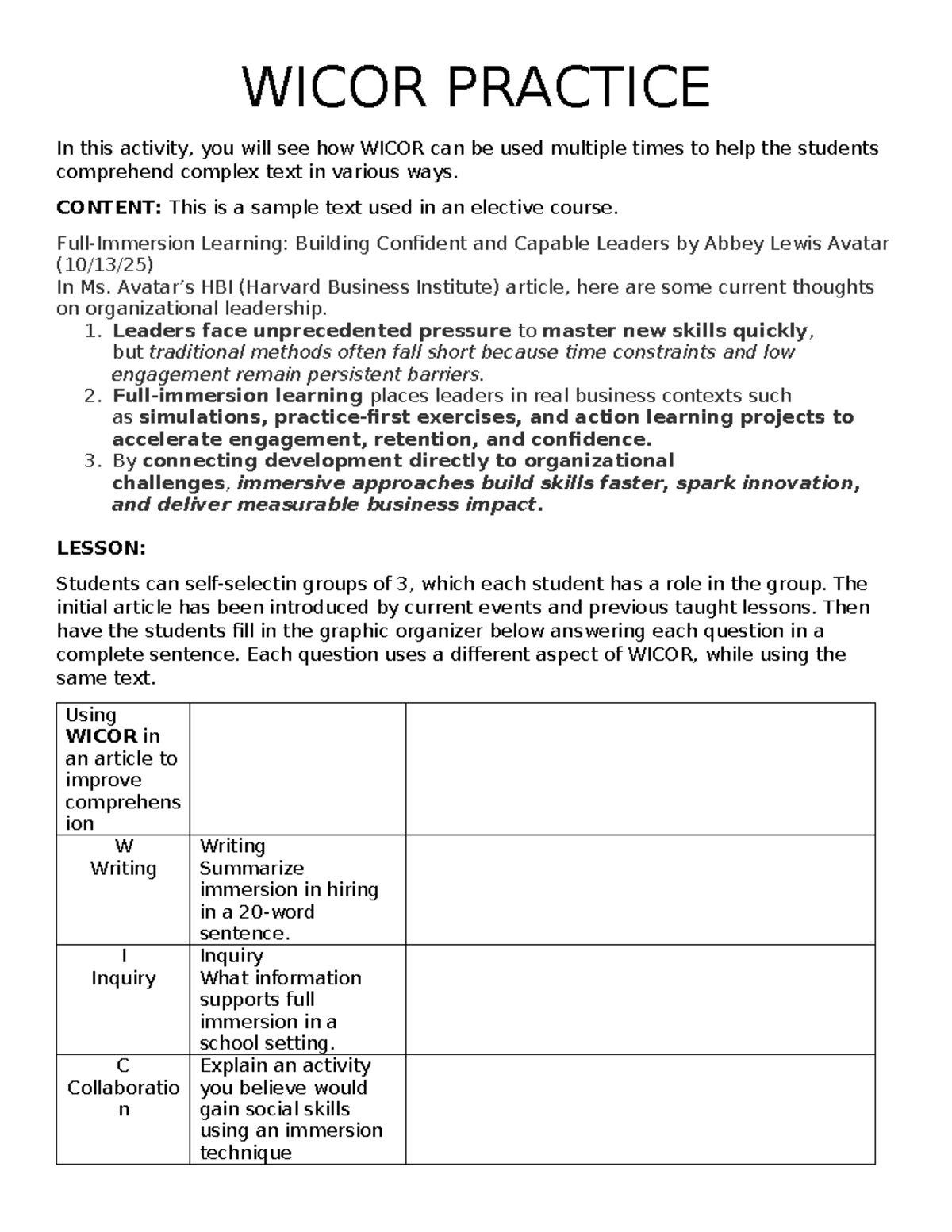 WICOR Practice: Enhancing Comprehension in ELA Classrooms - Studocu