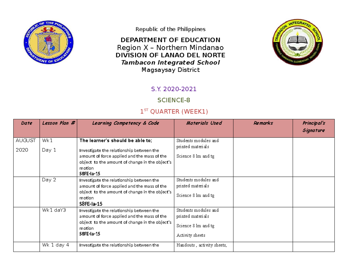 Science 8 DLL: 1st Quarter Lesson Plans (Weeks 1-7) - Studocu