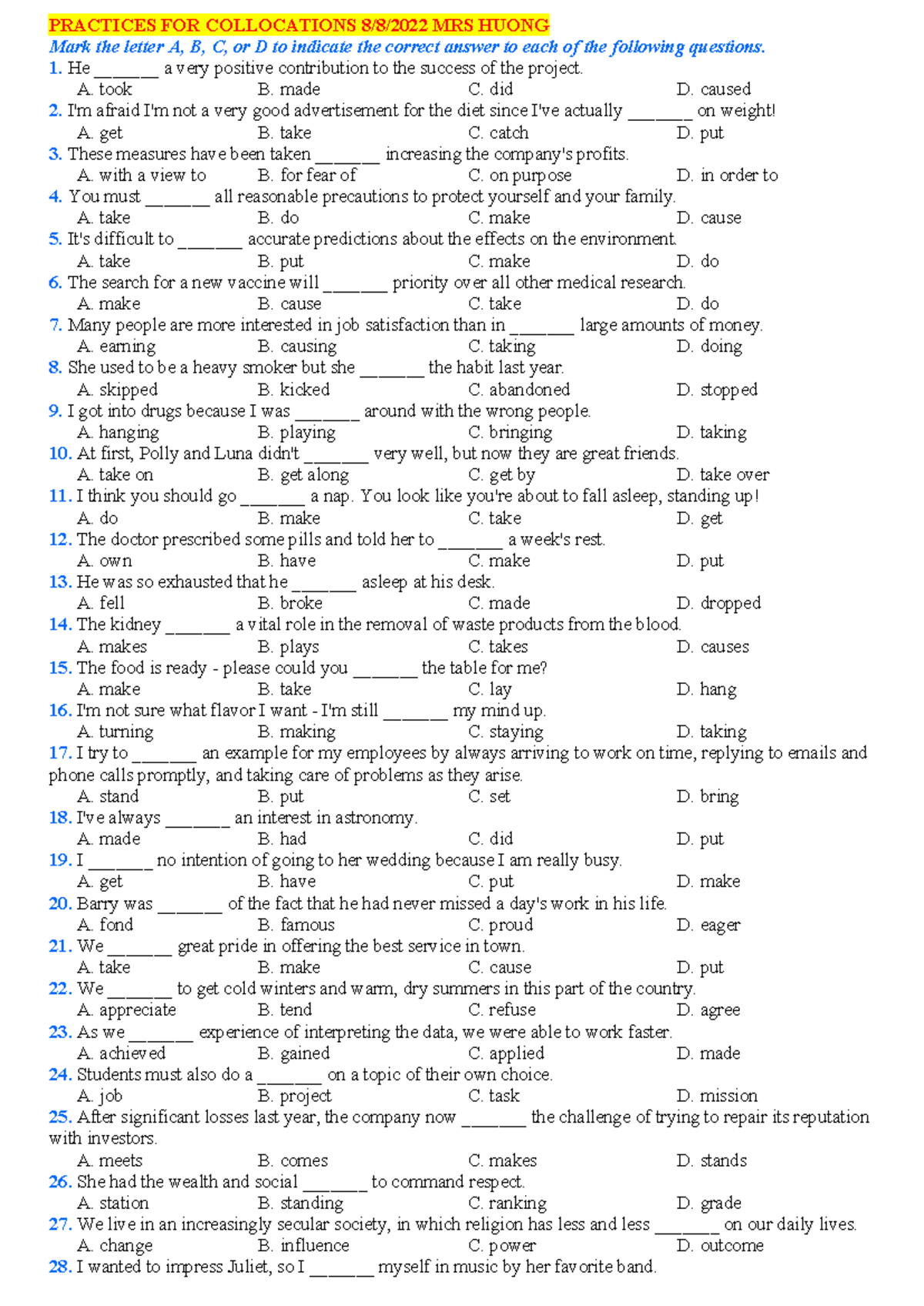 Practices for Collocations: Exercises and Answers (ENG 101) - Studocu