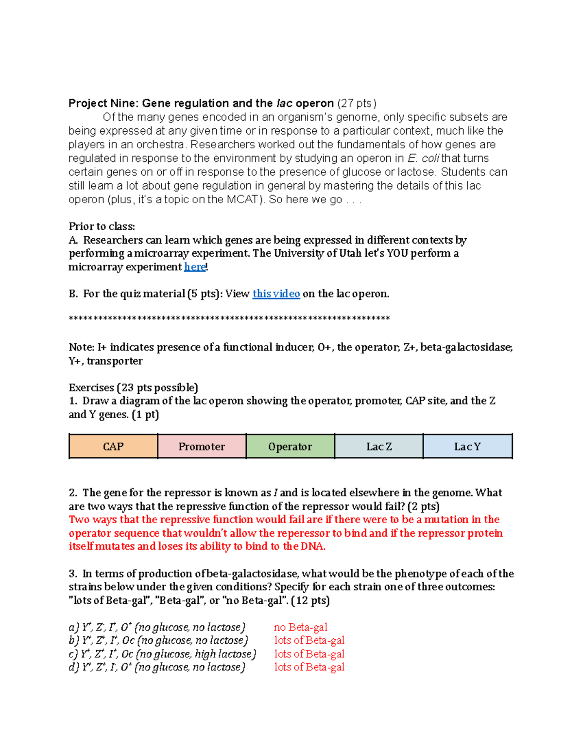 Genetics Project 9: Gene Regulation & Lac Operon Analysis (27 pts ...
