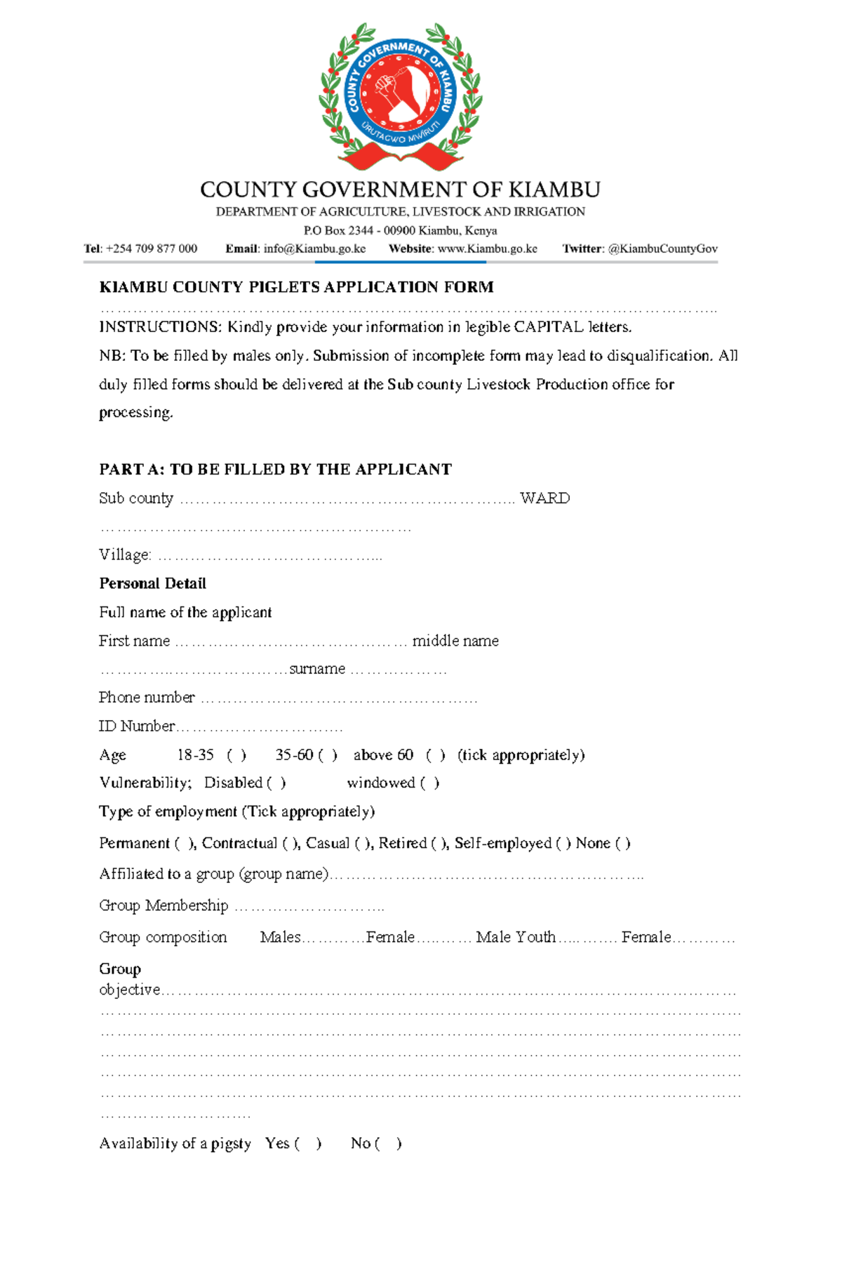 Piglets Application FORM Edited 2 - KIAMBU COUNTY PIGLETS APPLICATION ...