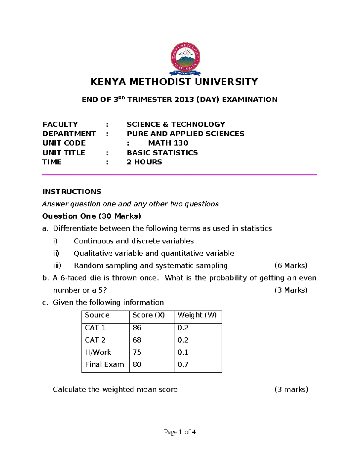 Basic Statistics Midterm Exam (MATH 130) FT 1ST Trimester 2018 - Studocu