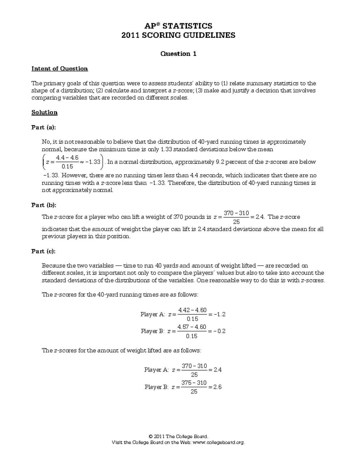 AP® Statistics 2011 Scoring Guidelines: Z-Score Interpretations ...
