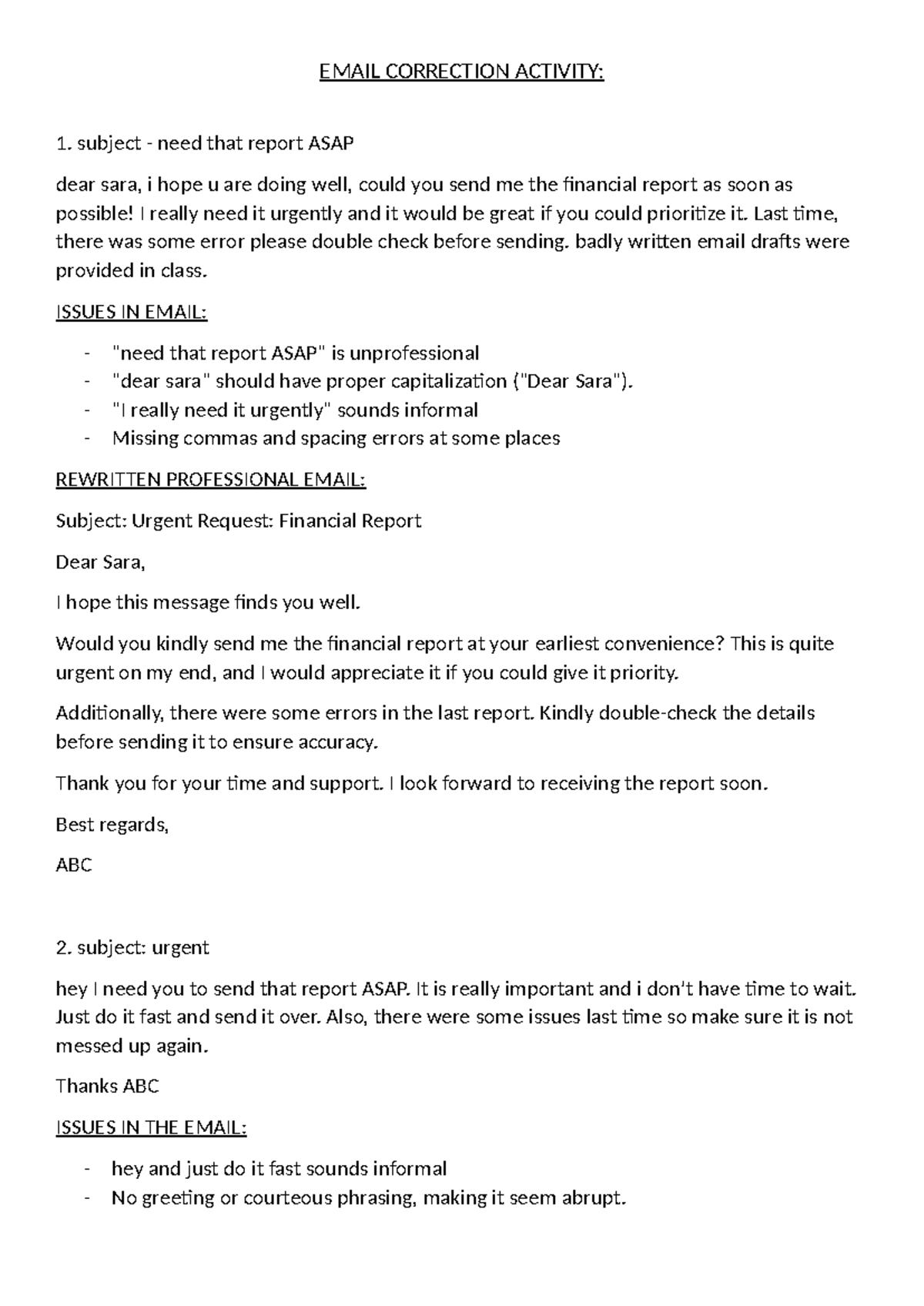 Email Correction Activity: Improving Professional Email Communication ...