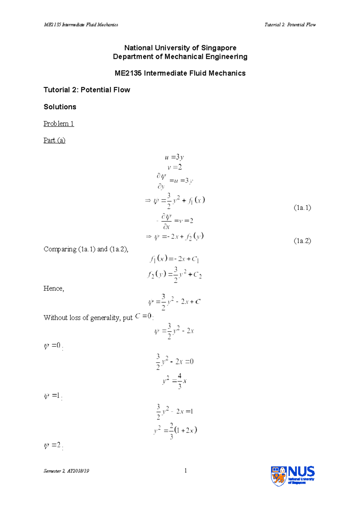 ME2135 Intermediate Fluid Mechanics Tutorial 2 Solutions - Studocu