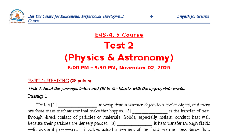 E4S-4-5 Test 2 - Physics & Astronomy Reading and Science Recitation ...