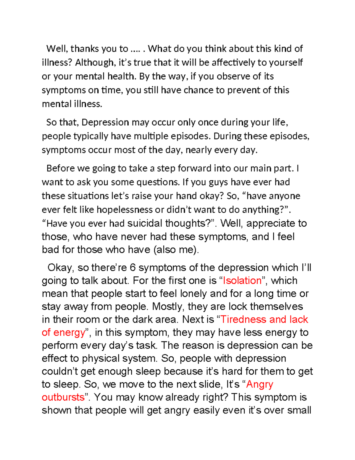 Depression Presentation Script: Identifying Symptoms & Impact - Studocu