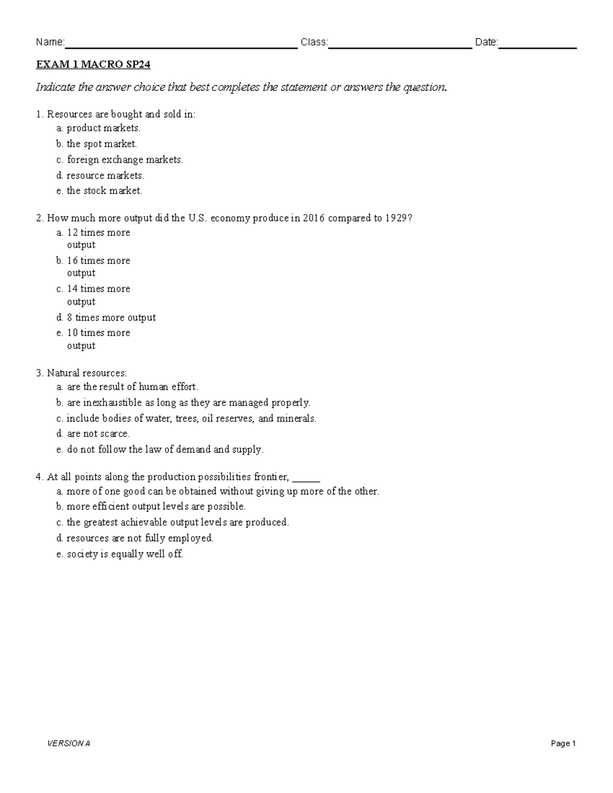Macroeconomics Exam 1 Answers - Spring 2024 - EXAM 1 MACRO SP Indicate ...