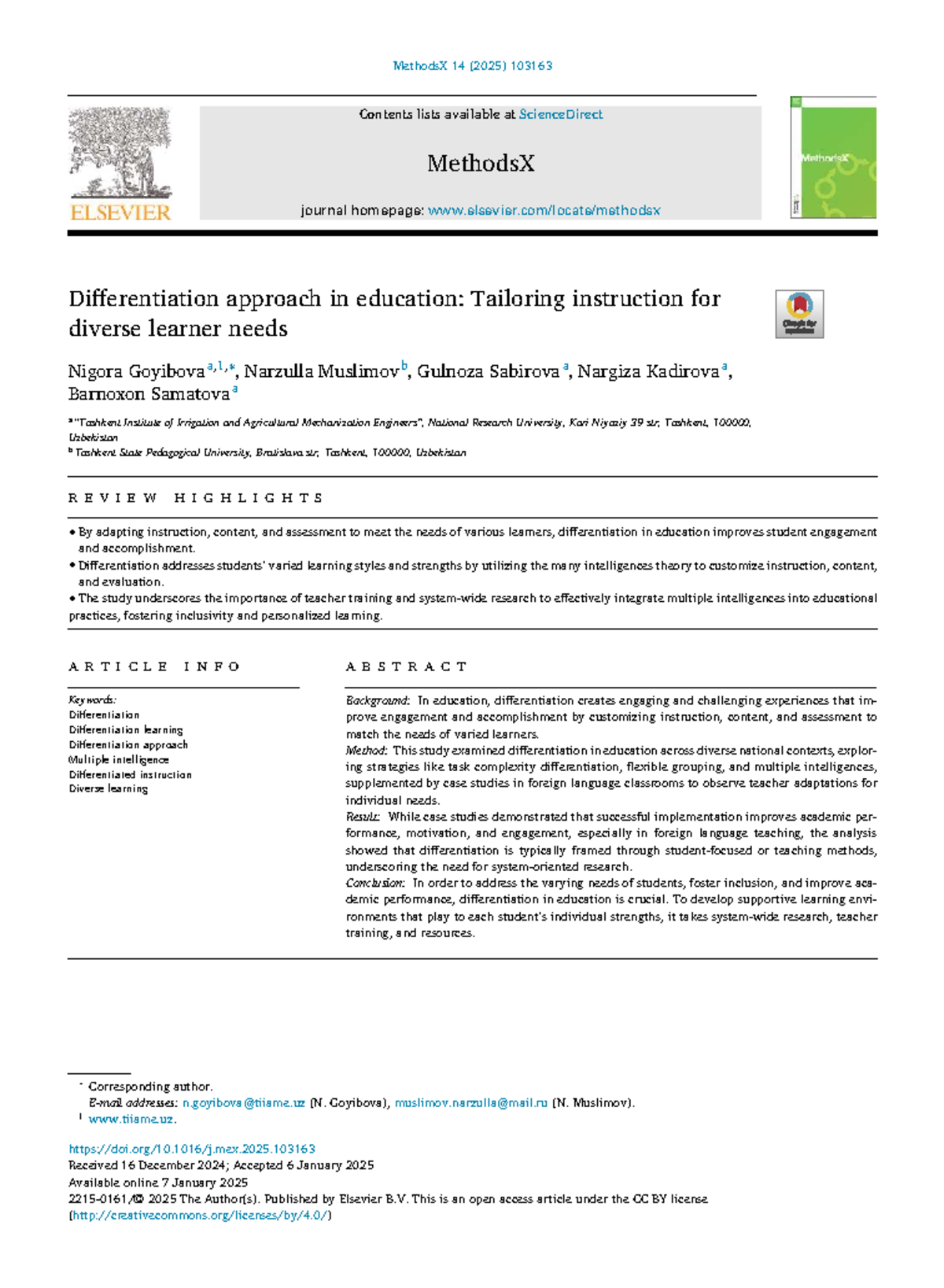 MethodsX 14 (2025) 103163: Differentiation Approach in Education for ...