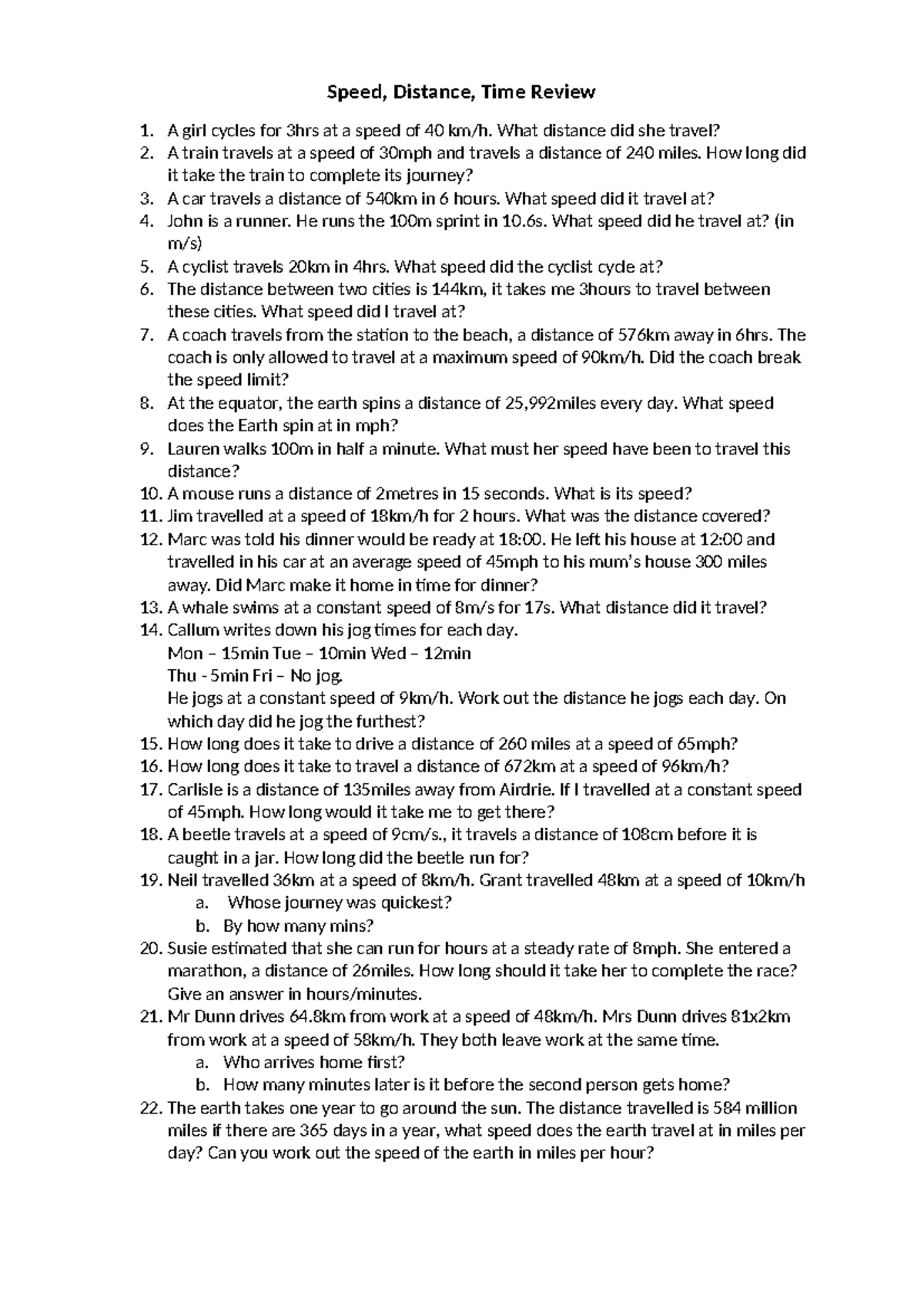 Speed, Distance, Time Review Questions (SDT 101) - Studocu