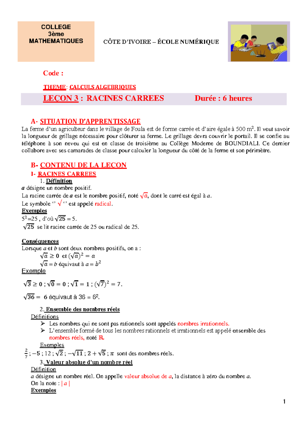 3e - Maths - Leçon 3 : Racines Carrées et Calculs Algébriques - Studocu