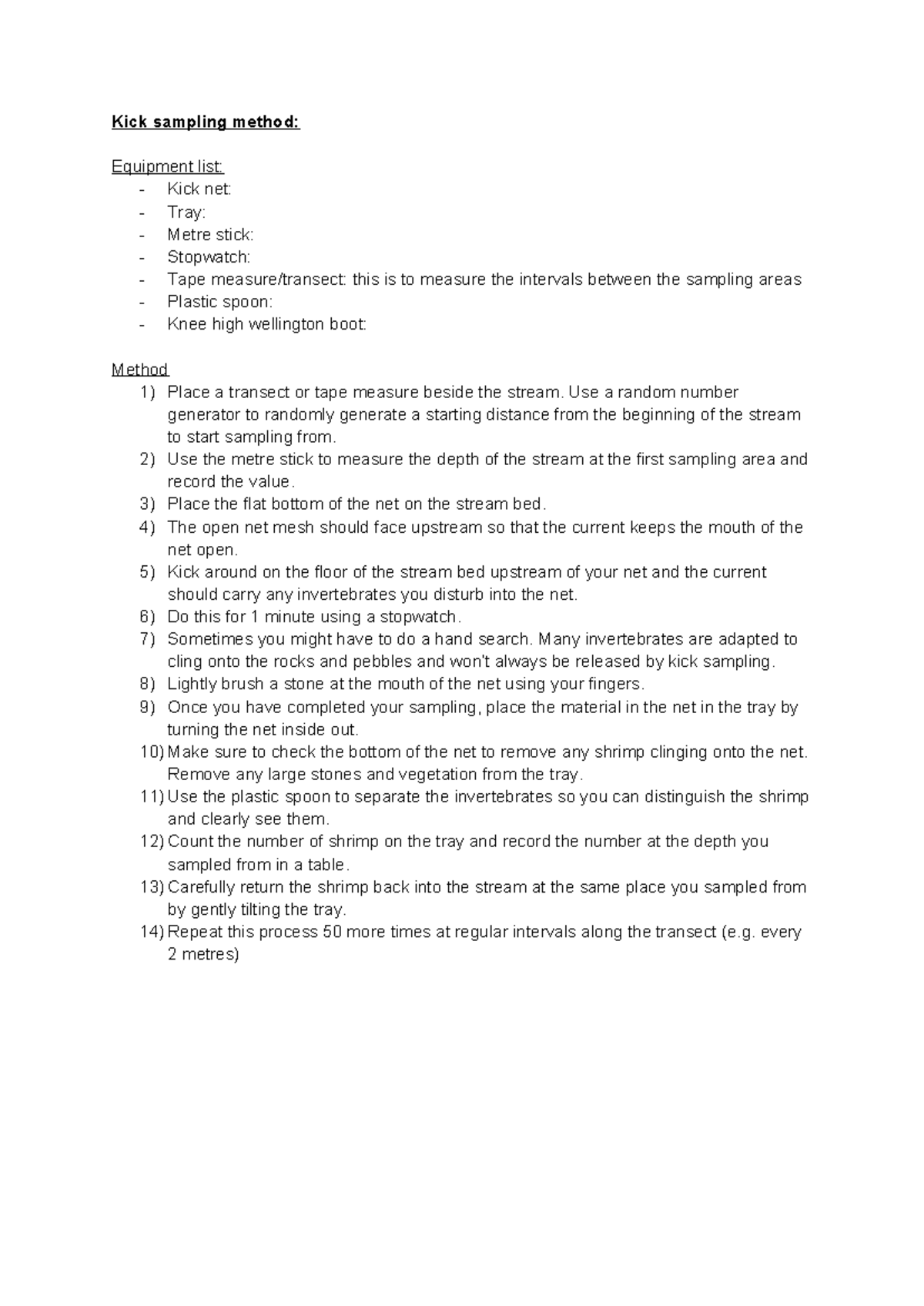 Brockhill Kick Sampling Method: Equipment & Procedure Guide - Studocu